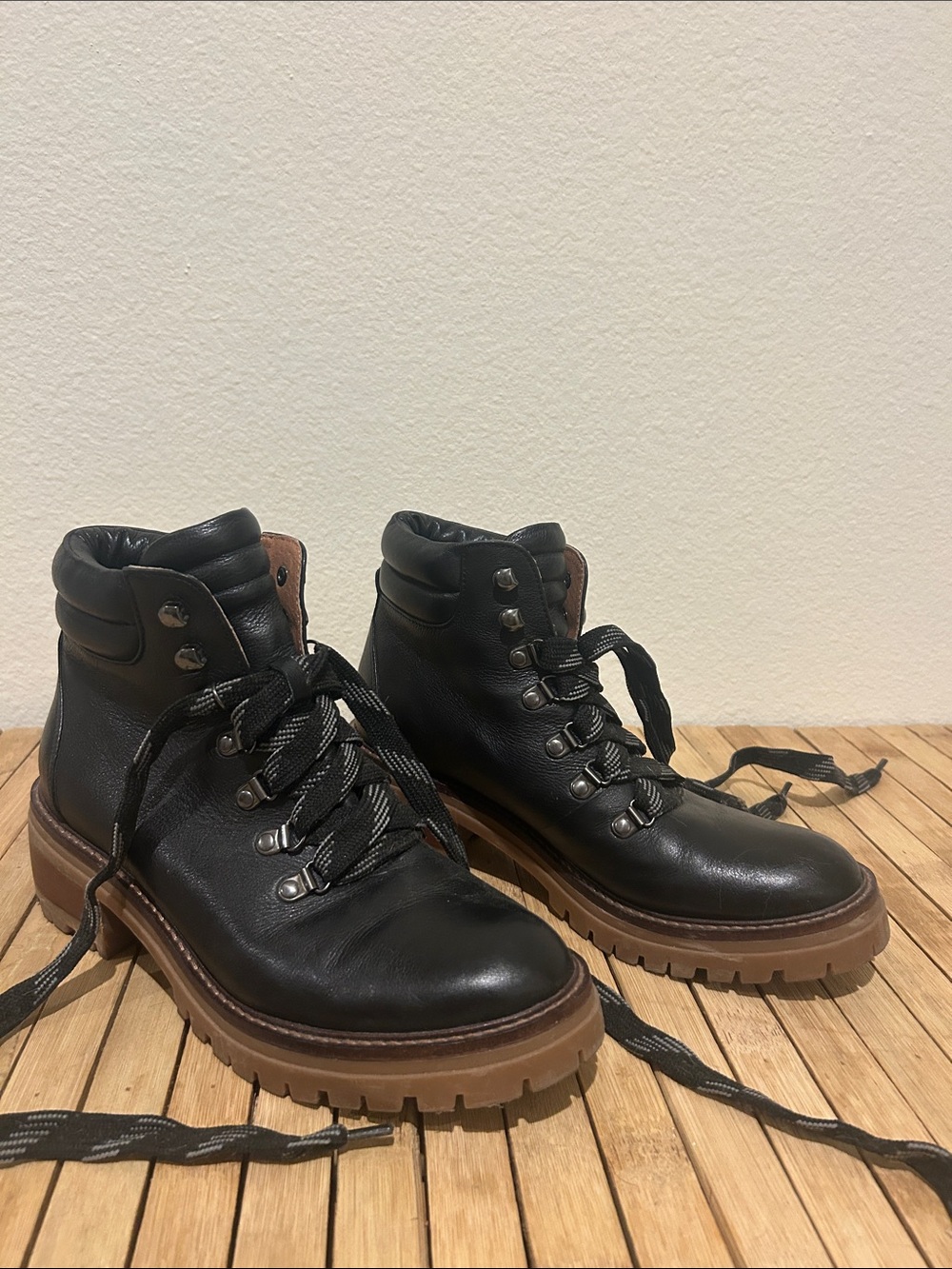 W Gentle Soles Black Leather Hiking Boots with Brown Lug Sole